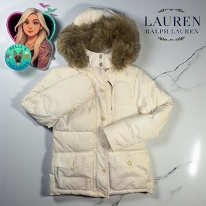Ralph Lauren LRL Jacket Womens Large Puffer Hooded Faux Fur Trim Winter Coat